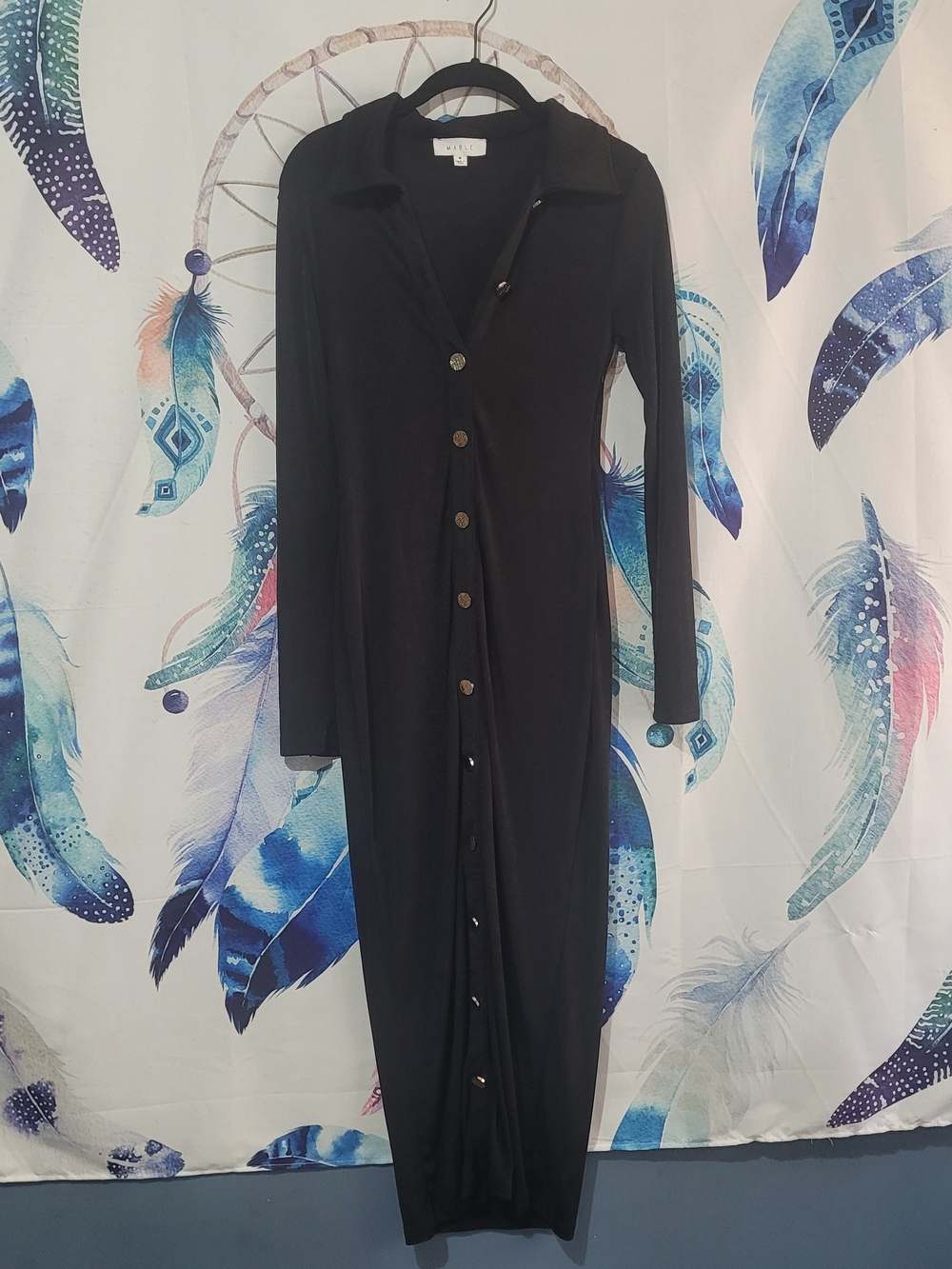Black Long-Sleeve Button-Front Maxi Dress